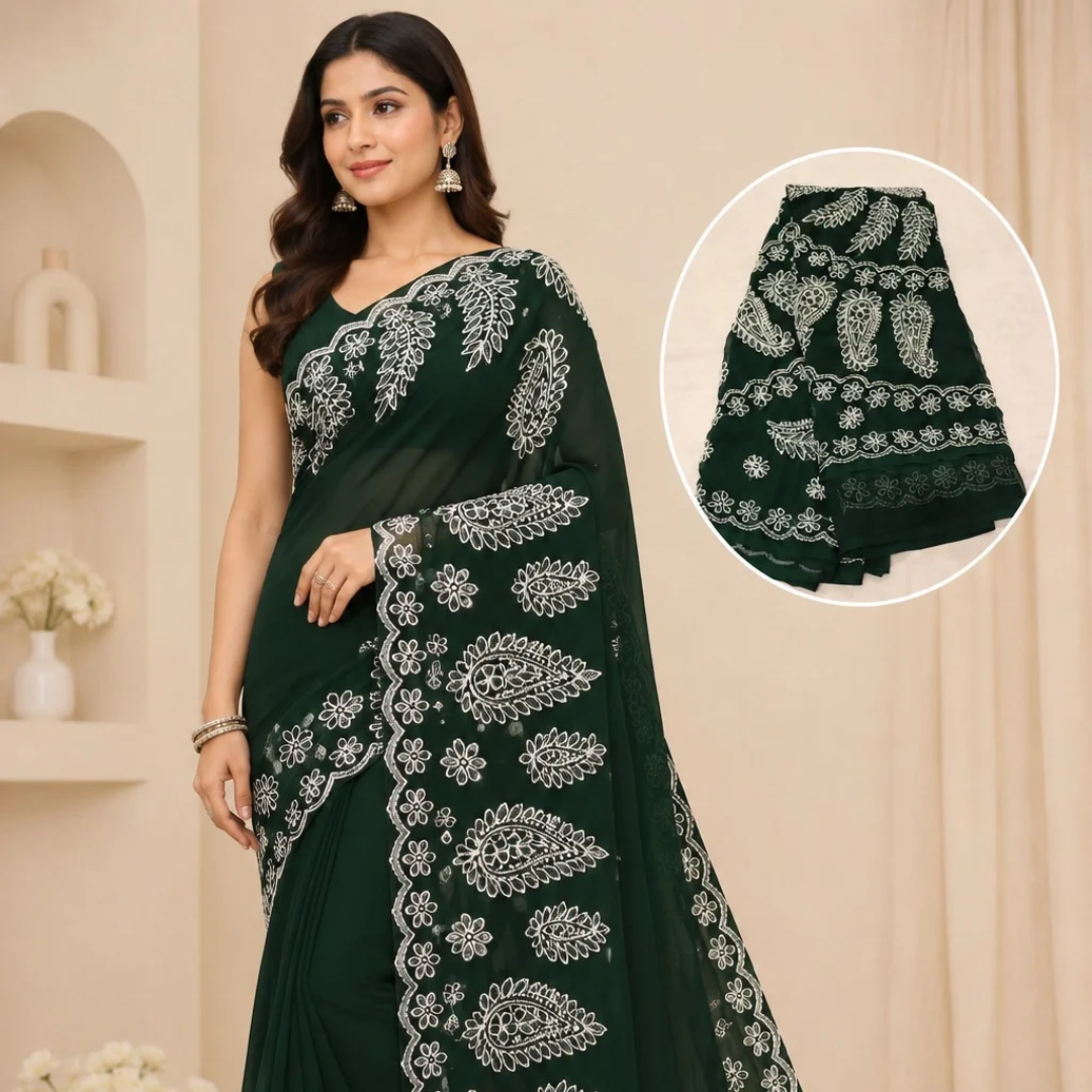 Lucknow Chikankari Georgette Saree for Women | Traditional Hand Embroidered Saree with Blouse Piece (Dark Green)