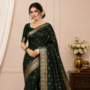 Banarasi Katan Silk Saree for Women | Pure Handloom Woven | Traditional Zari Border & Pallu | Premium Indian Ethnic Wear for Wedding & Festive Occasions (Dark Green)
