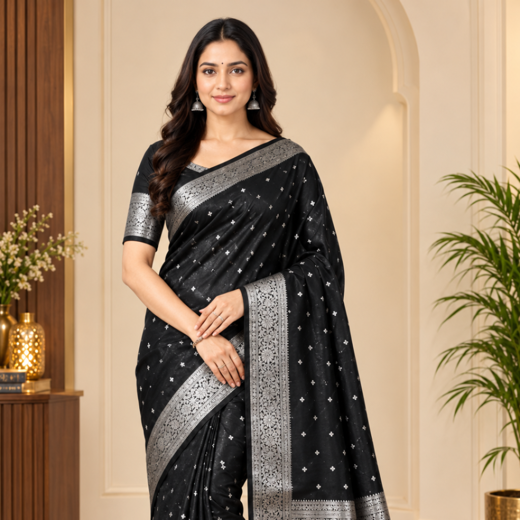 Banarasi Katan Silk Saree for Women | Pure Handloom Woven | Traditional Zari Border & Pallu | Premium Indian Ethnic Wear for Wedding & Festive Occasions (Black)