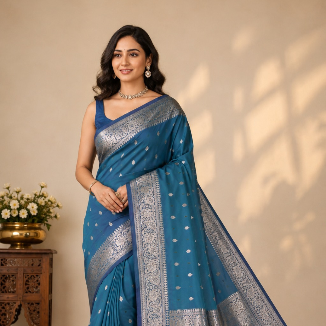 Banarasi Katan Silk Saree for Women | Pure Handloom Woven | Traditional Zari Border & Pallu | Premium Indian Ethnic Wear for Wedding & Festive Occasions (Firoji)