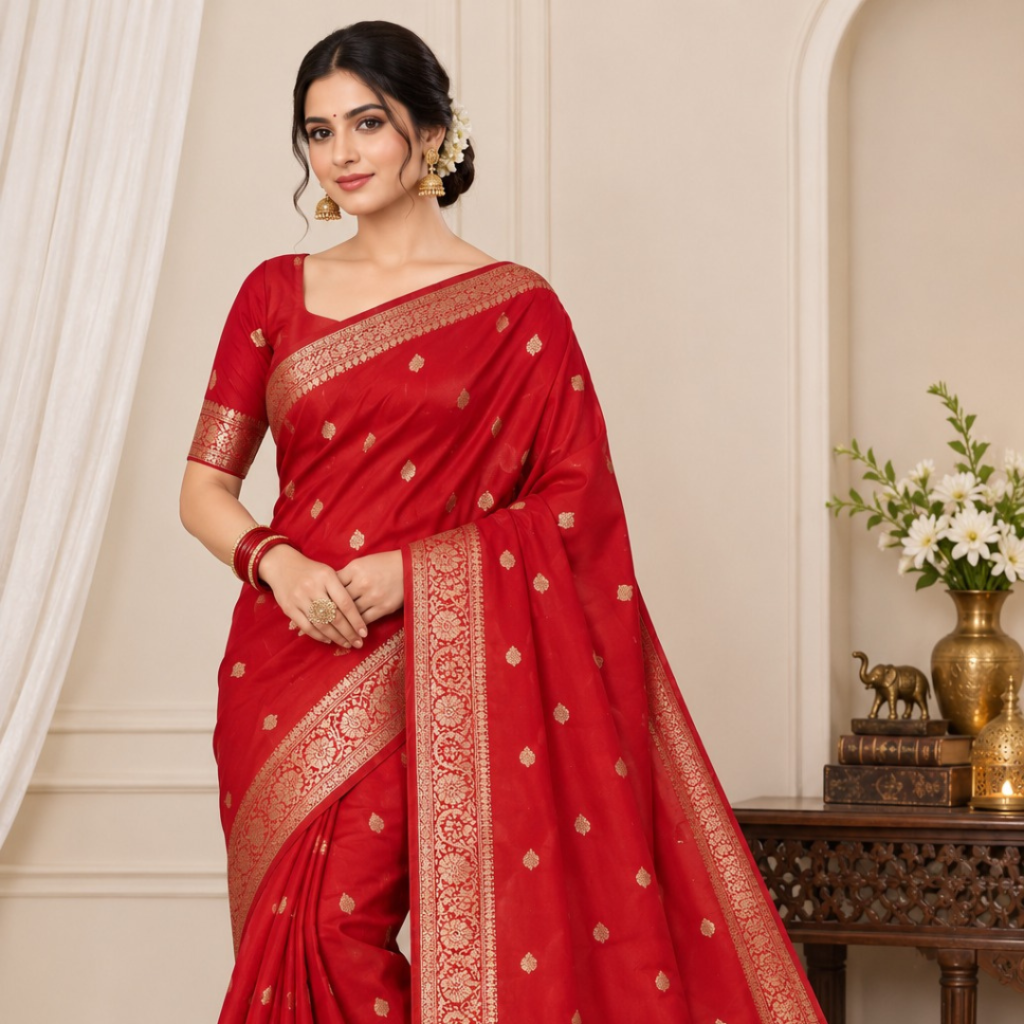 Banarasi Katan Silk Saree for Women | Pure Handloom Woven | Traditional Zari Border & Pallu | Premium Indian Ethnic Wear for Wedding & Festive Occasions (Red)
