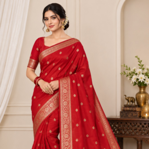 Banarasi Katan Silk Saree for Women | Pure Handloom Woven | Traditional Zari Border & Pallu | Premium Indian Ethnic Wear for Wedding & Festive Occasions (Red)