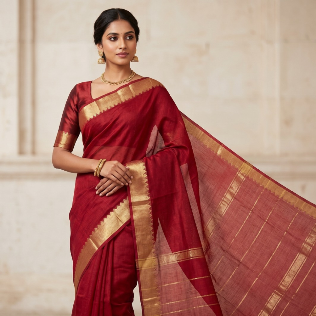 Pure Mangalagiri Cotton Saree for Women | Handloom Woven Traditional Saree with Golden Zari Border | Lightweight & Soft Ethnic Wear (Red)