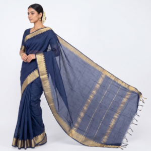 Pure Mangalagiri Cotton Saree for Women | Handloom Woven Traditional Saree with Golden Zari Border | Lightweight & Soft Ethnic Wear (Navy Blue)