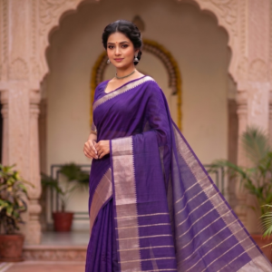 Pure Mangalagiri Cotton Saree for Women | Handloom Woven Traditional Saree with Golden Zari Border | Lightweight & Soft Ethnic Wear (Purple)
