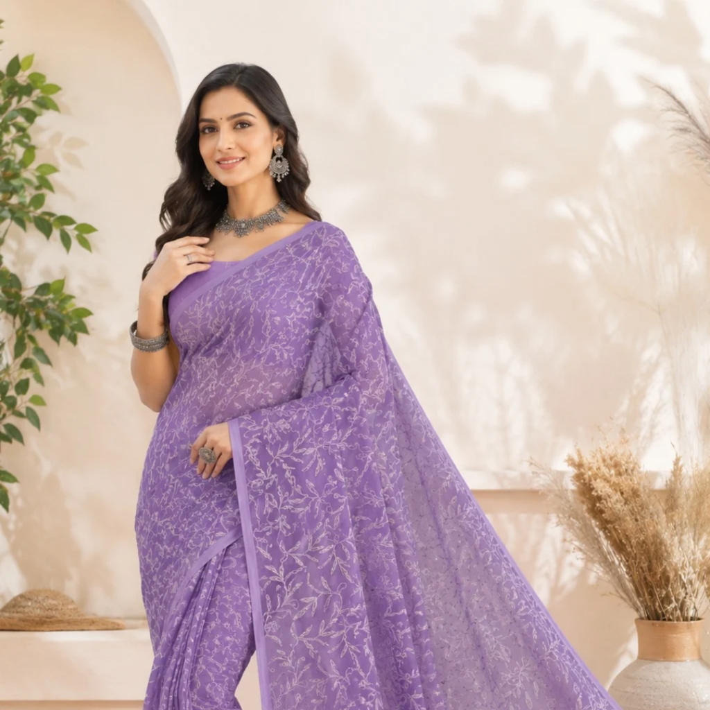 Hand Embroidered Lucknowi Chikankari Georgette Saree for Women with Unstitched Blouse Piece Tepchi Saree (Lavender)