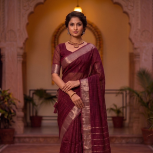 Pure Mangalagiri Cotton Saree for Women | Handloom Woven Traditional Saree with Golden Zari Border | Lightweight & Soft Ethnic Wear (Wine)