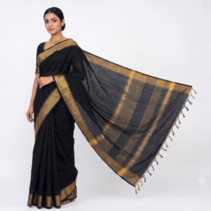 Pure Mangalagiri Cotton Saree for Women | Handloom Woven Traditional Saree with Golden Zari Border | Lightweight & Soft Ethnic Wear (Black)