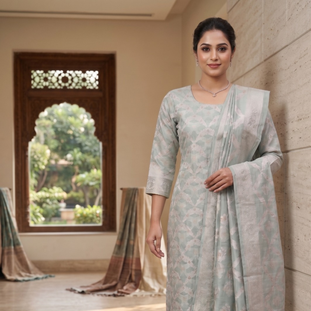 Banarasi Pure Chanderi Silk Suit for Women | Unstitched Dress Material | Traditional Ethnic Wear (Light Blue)