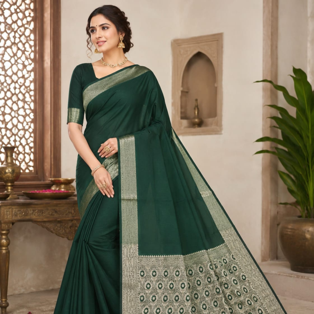 Banarasi Cotton Silk Saree with Golden Zari Work | Elegant Traditional Saree for Women (Green)
