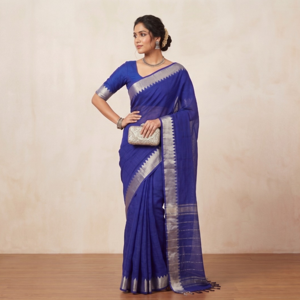 Pure Mangalagiri Cotton Saree for Women | Handloom Woven Traditional Saree with Golden Zari Border | Lightweight & Soft Ethnic Wear (Royal Blue)