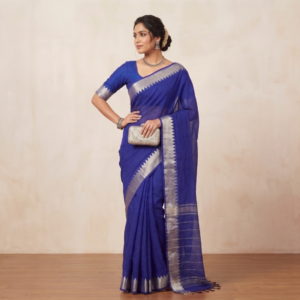 Pure Mangalagiri Cotton Saree for Women | Handloom Woven Traditional Saree with Golden Zari Border | Lightweight & Soft Ethnic Wear (Royal Blue)