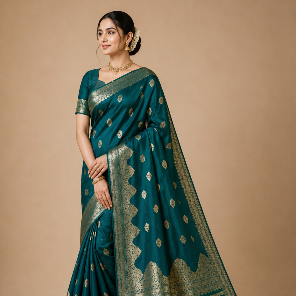 Banarasi Katan Silk Saree with Rich Zari Weaving & Meenakari Work | Traditional Handloom Bridal Saree (Peacock Green)