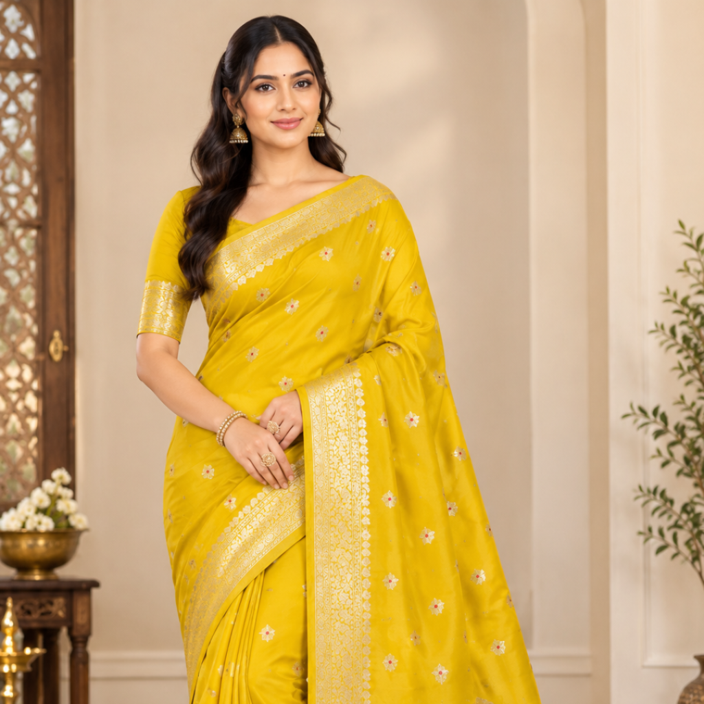 Banarasi Katan Silk Saree with Rich Zari Weaving & Meenakari Work | Traditional Handloom Bridal Saree (Yellow)