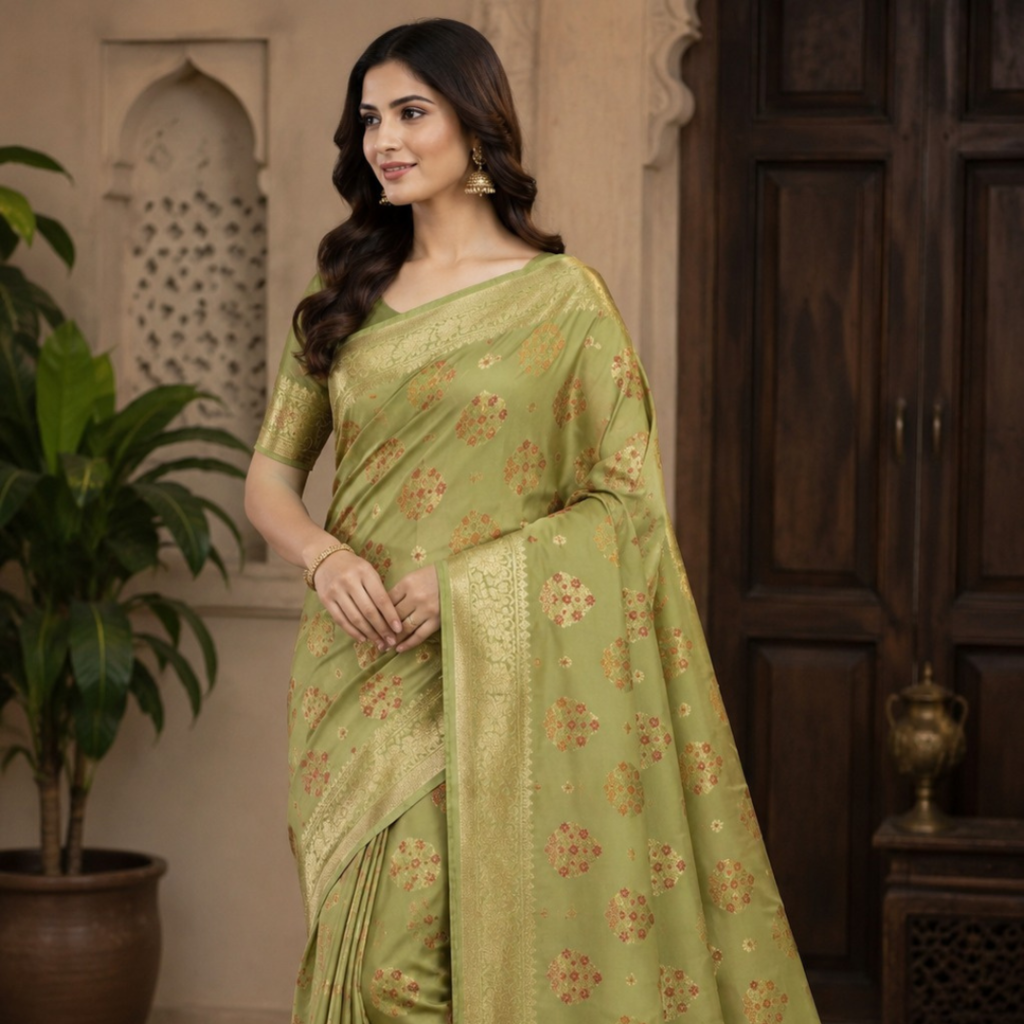 Banarasi Katan Silk Saree with Meena Buta Zari Weaving with Unstitched Blouse (Mehandi)