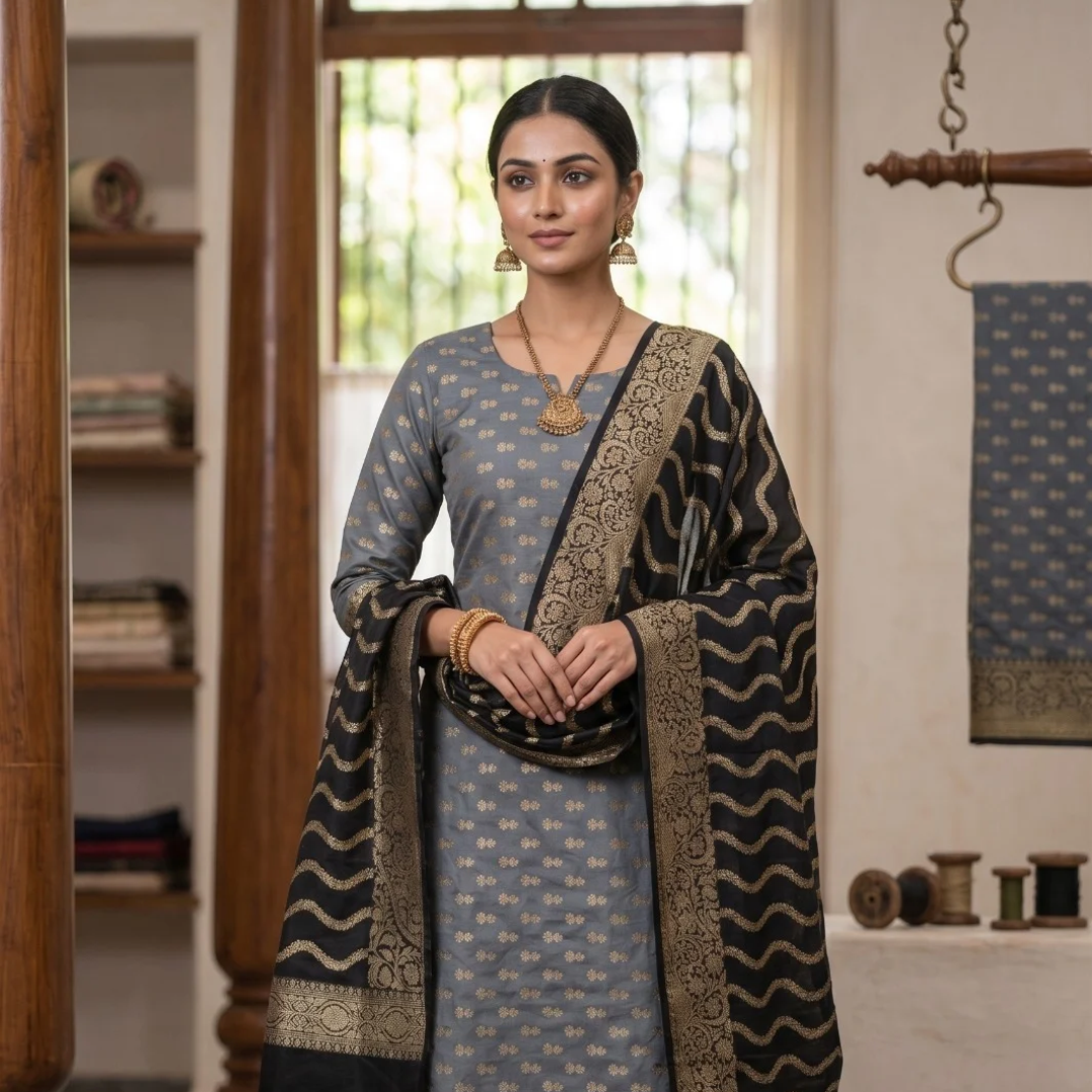 Banarasi Katan Silk 3-Piece Suit in Grey & Black
