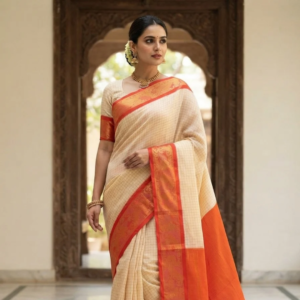 Elegant South Cotton Checks Saree with Rich Zari Border & Running Blouse Piece (Off-White & Red)