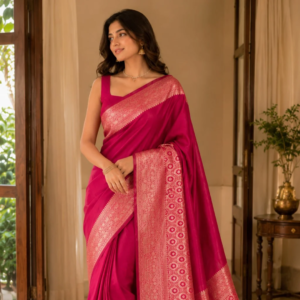 Banarasi Cotton Silk Saree with Golden Zari Work | Elegant Traditional Saree for Women (Magenta)