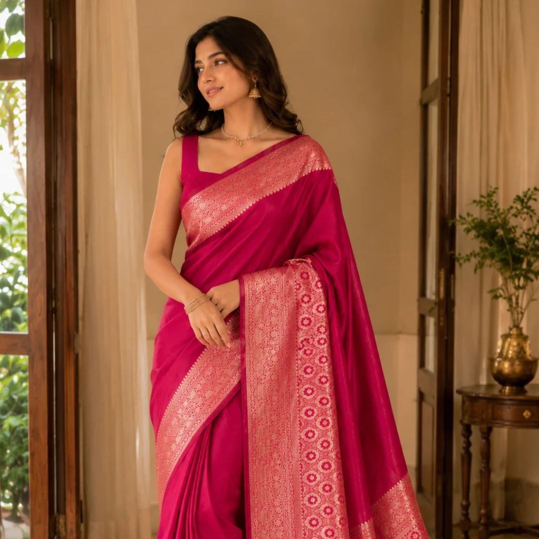 Banarasi Cotton Silk Saree with Golden Zari Work | Elegant Traditional Saree for Women (Magenta)