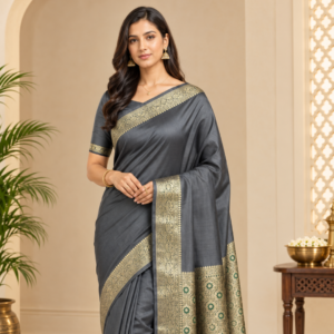 Banarasi Cotton Silk Saree with Golden Zari Work | Elegant Traditional Saree for Women (Grey)