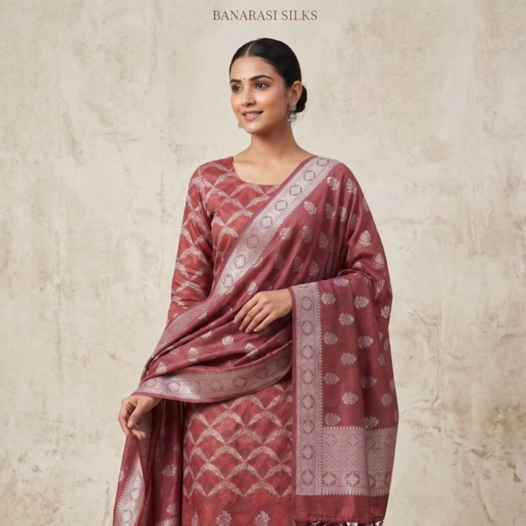 Banarasi Pure Chanderi Silk Suit for Women | Unstitched Dress Material | Traditional Ethnic Wear (Maroon)