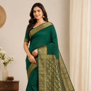 Banarasi Cotton Saree with Zari Work | Elegant Cotton Saree with Rich Border and Comfortable Fabric (Dark Green)