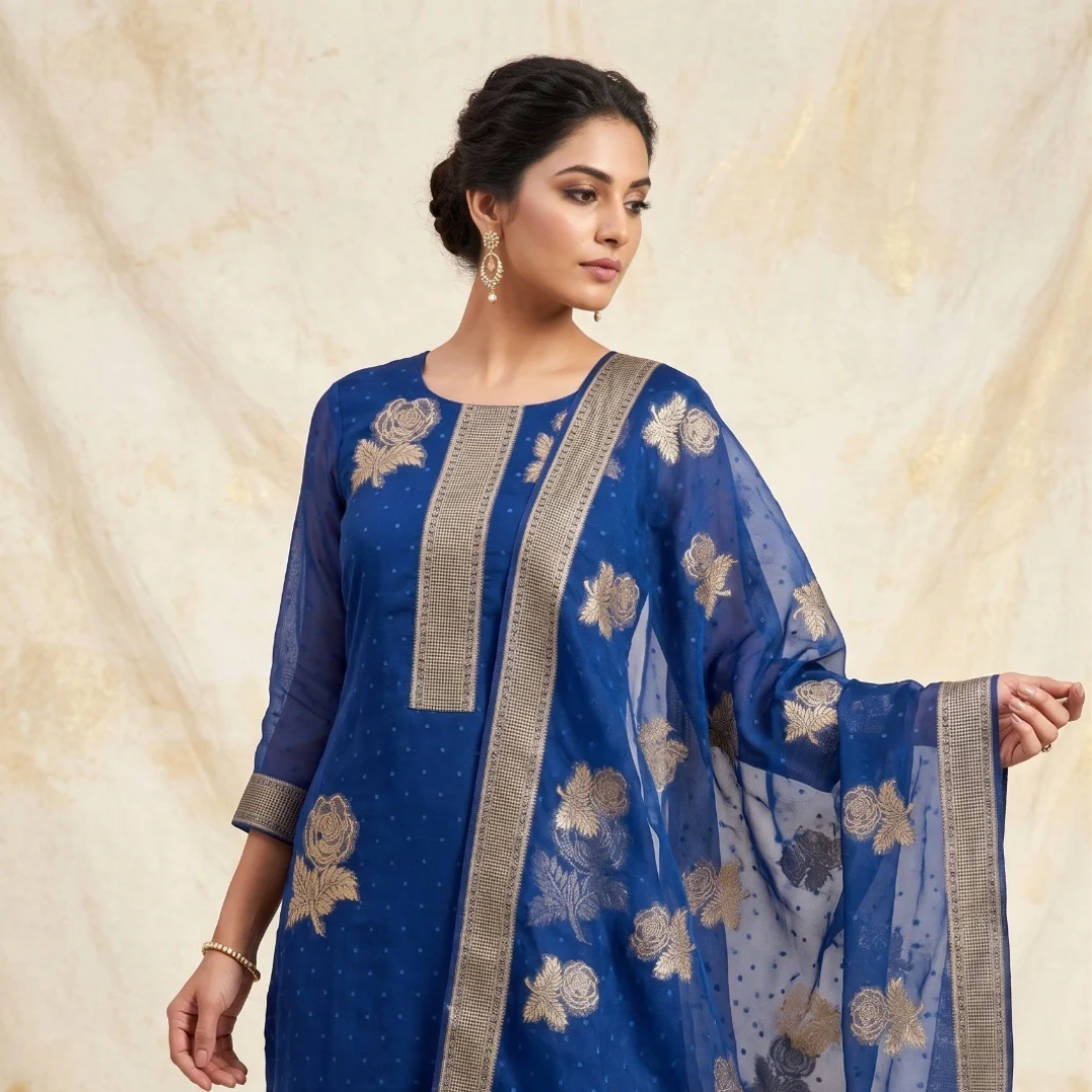 Pure Organza Banarasi Silk in Teal Blue