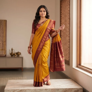 Elegant South Cotton Checks Saree with Rich Zari Border & Running Blouse Piece (Mustard & Maroon)