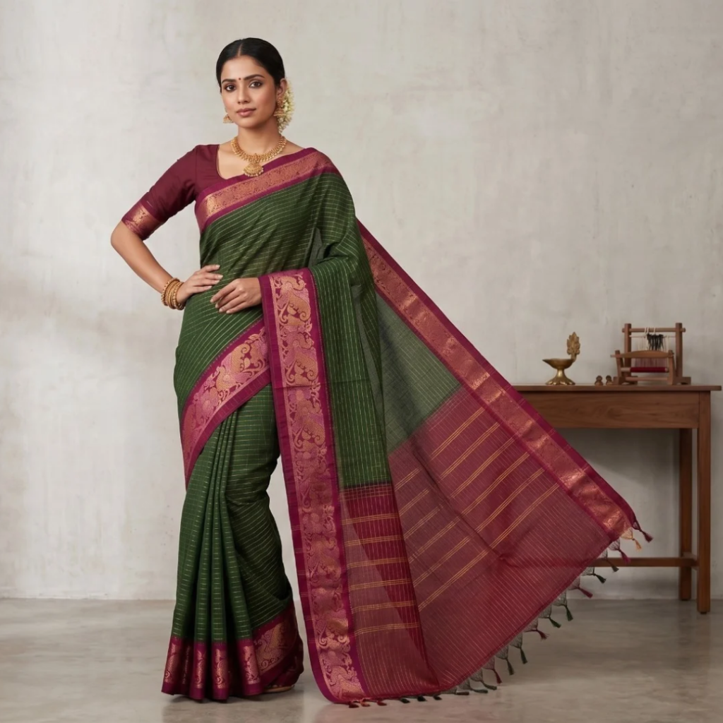 Elegant South Cotton Checks Saree with Rich Zari Border & Running Blouse Piece (Green & Maroon)