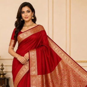 Banarasi Cotton Silk Saree with Golden Zari Work | Elegant Traditional Saree for Women (Red)