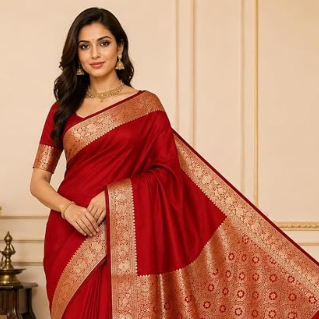 Banarasi Cotton Silk Saree with Golden Zari Work | Elegant Traditional Saree for Women (Red)