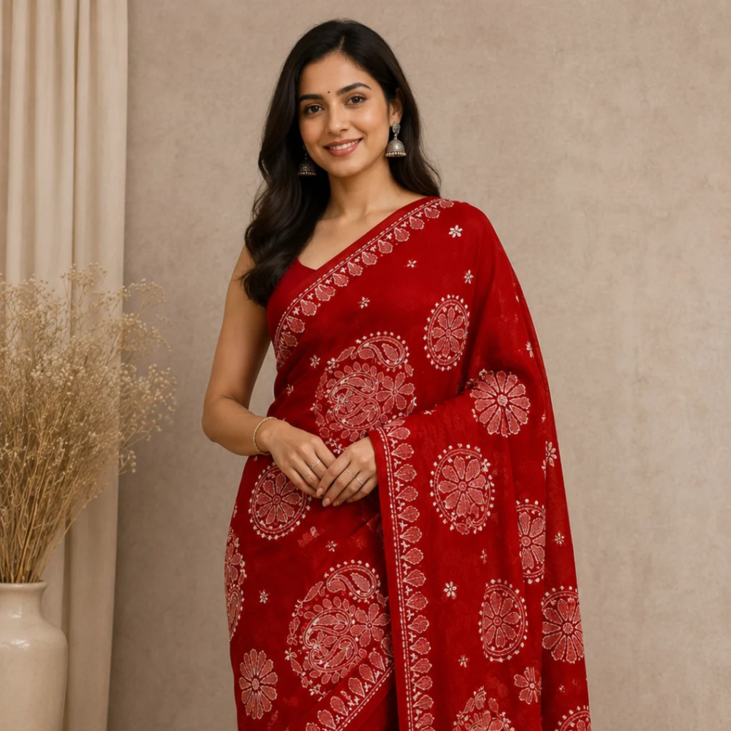 Lucknow Chikankari Georgette Saree for Women | Traditional Hand Embroidered Saree with Blouse Piece (Red)