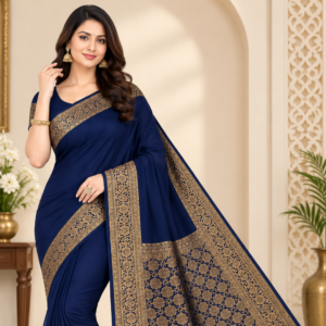 Banarasi Cotton Saree with Zari Work | Elegant Cotton Saree with Rich Border and Comfortable Fabric (Navy Blue)
