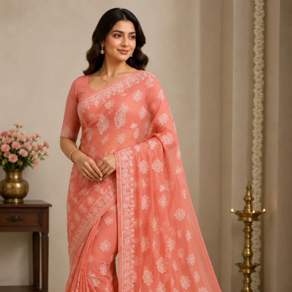 Lucknow Chikankari Georgette Saree for Women | Traditional Hand Embroidered Saree with Blouse Piece (Peach)