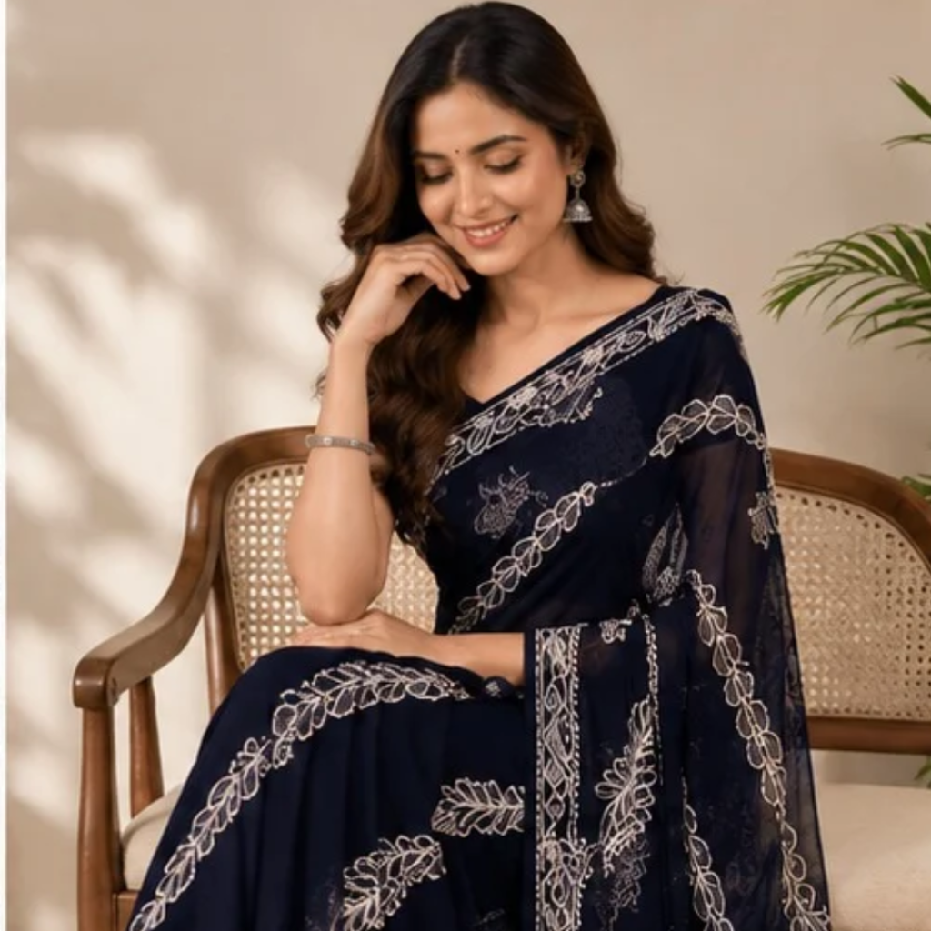 Lucknow Chikankari Georgette Saree for Women | Traditional Hand Embroidered Saree with Blouse Piece (Navy Blue)