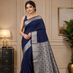Banarasi Cotton Silk Saree with Golden Zari Work | Elegant Traditional Saree for Women (Navy Blue)