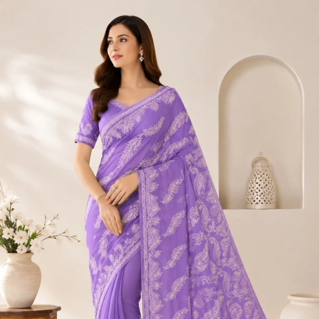 Lucknow Chikankari Georgette Saree for Women | Traditional Hand Embroidered Saree with Blouse Piece (Lavender)