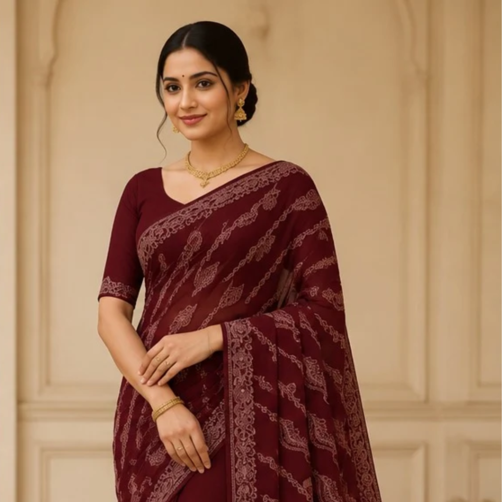 Lucknow Chikankari Georgette Saree for Women | Traditional Hand Embroidered Saree with Blouse Piece (Maroon)