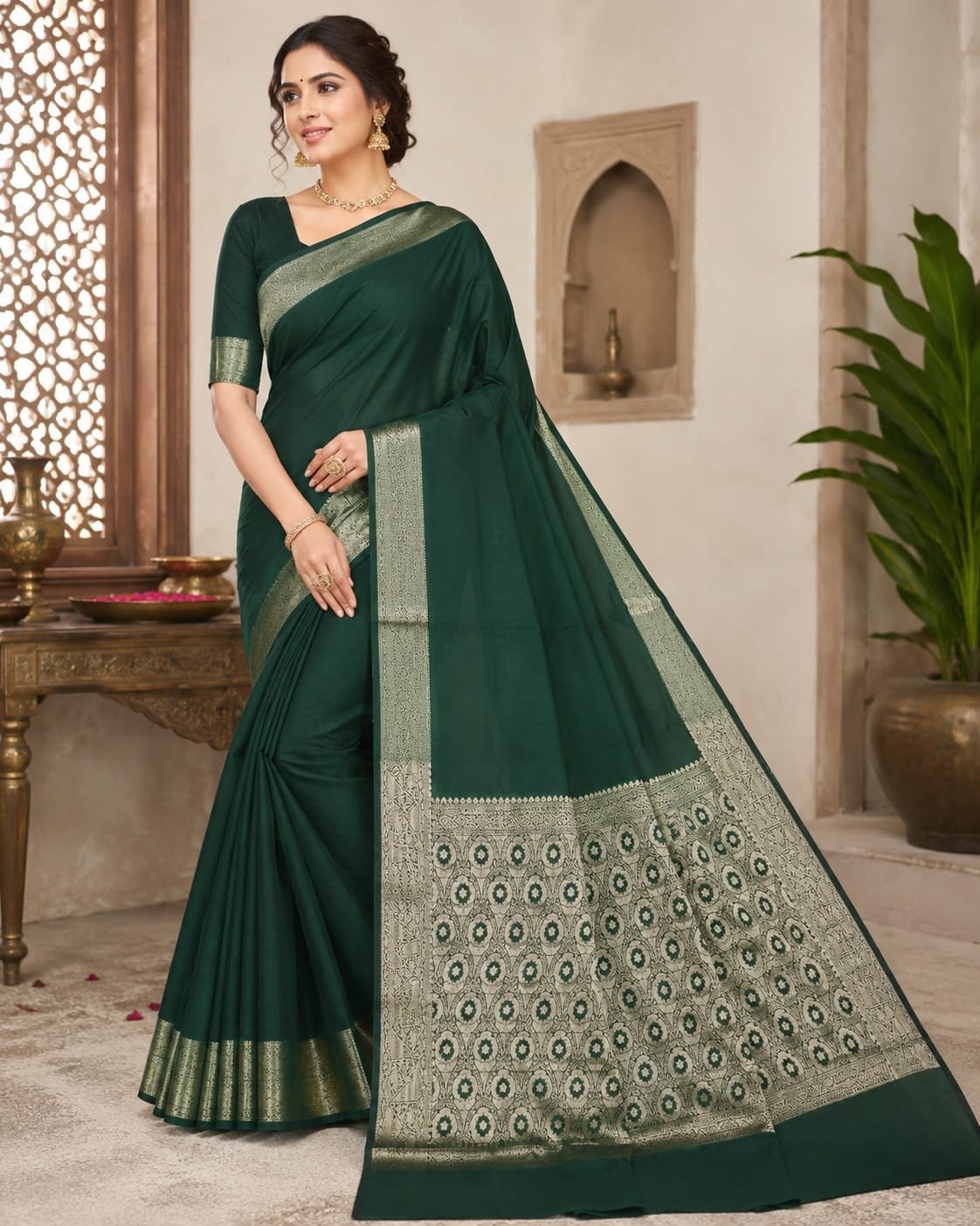 Banarasi Cotton Silk Saree with Golden Zari Work | Elegant Traditional Saree for Women (Green) - Image 2