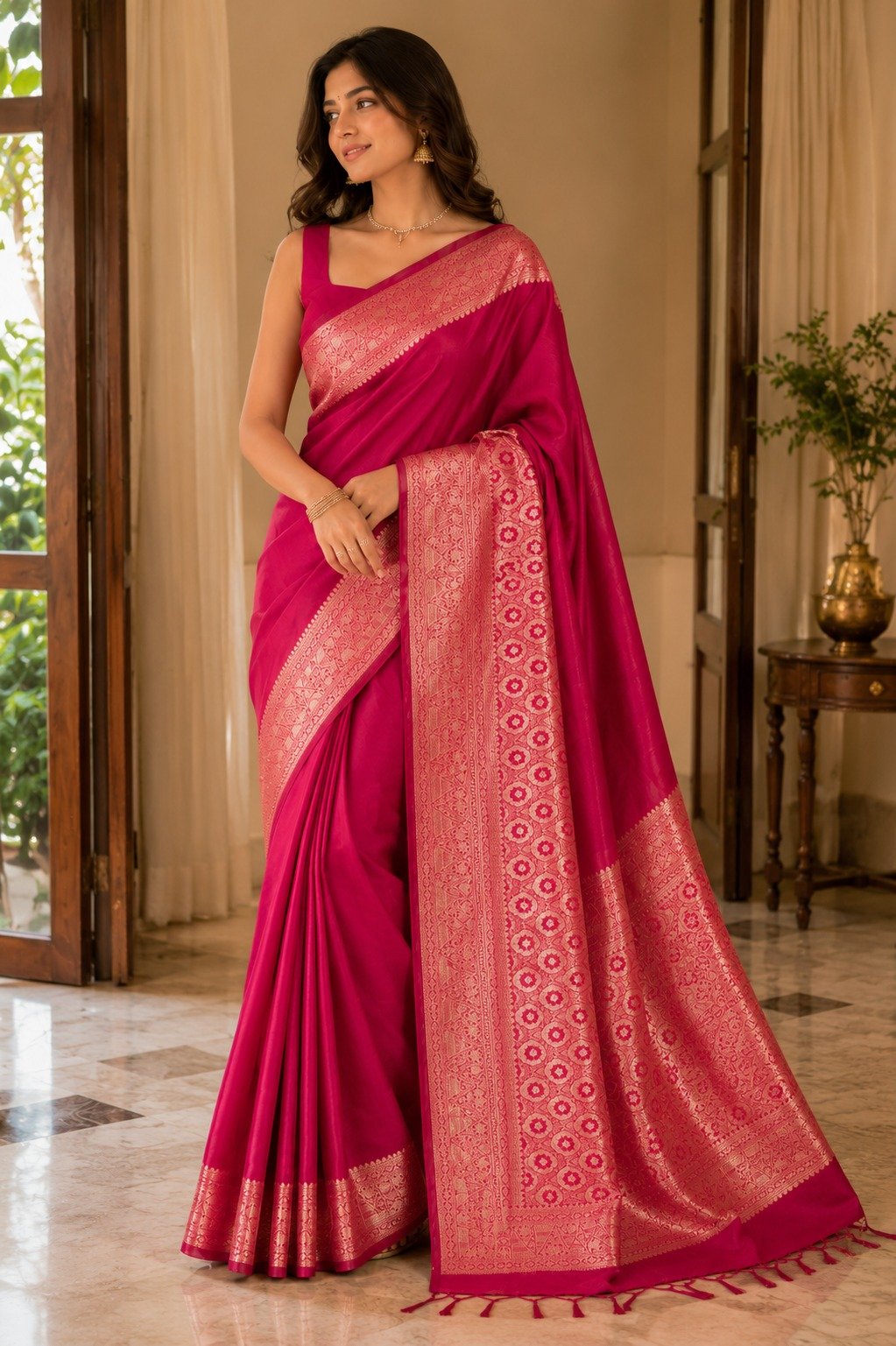 Banarasi Cotton Silk Saree with Golden Zari Work | Elegant Traditional Saree for Women (Magenta) - Image 2