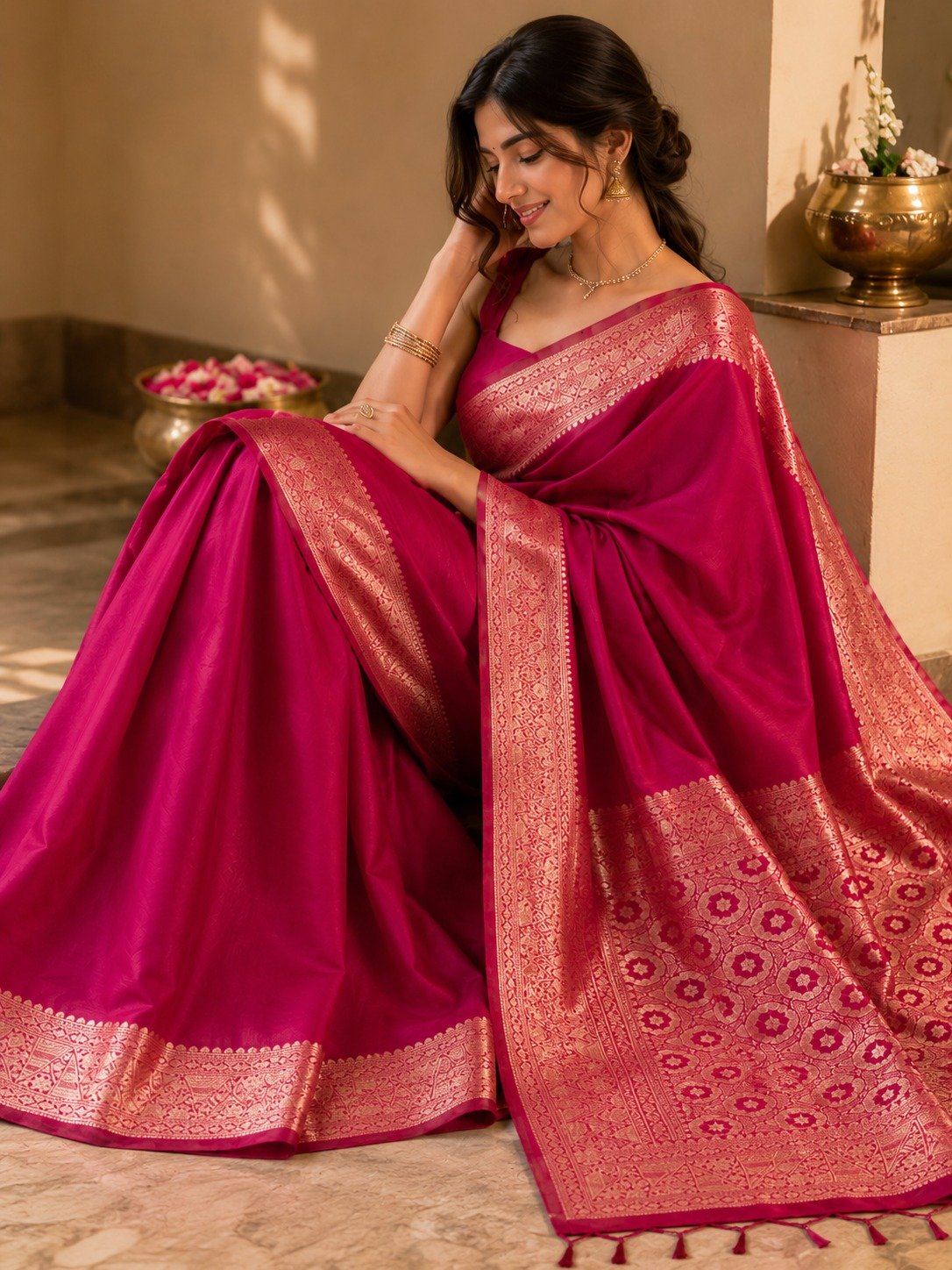 Banarasi Cotton Silk Saree with Golden Zari Work | Elegant Traditional Saree for Women (Magenta) - Image 3