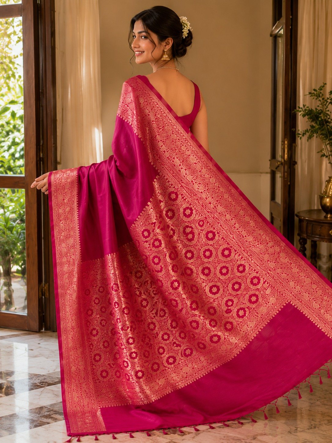 Banarasi Cotton Silk Saree with Golden Zari Work | Elegant Traditional Saree for Women (Magenta) - Image 4