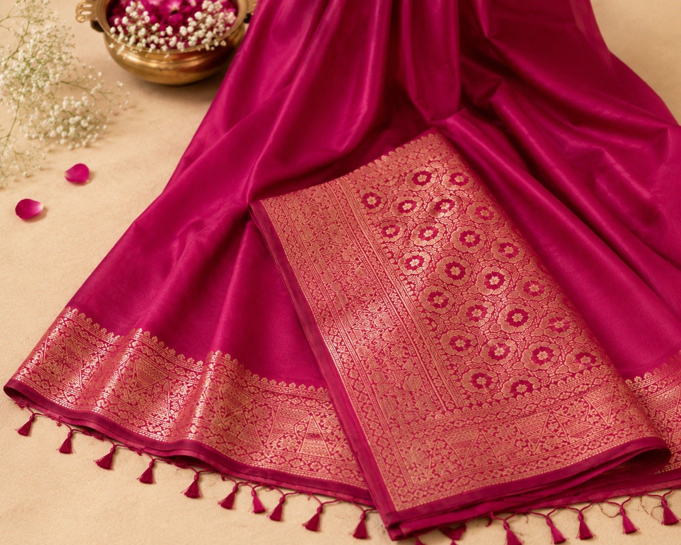 Banarasi Cotton Silk Saree with Golden Zari Work | Elegant Traditional Saree for Women (Magenta) - Image 5