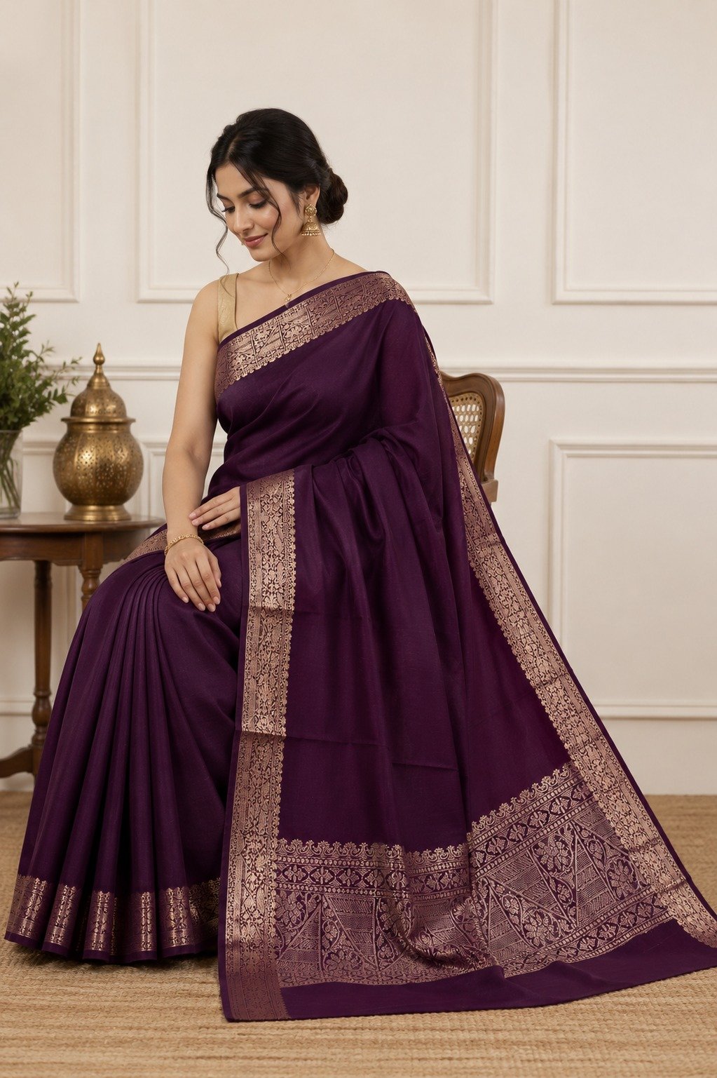 Banarasi Cotton Silk Saree with Golden Zari Work | Elegant Traditional Saree for Women (Mulberry) - Image 2