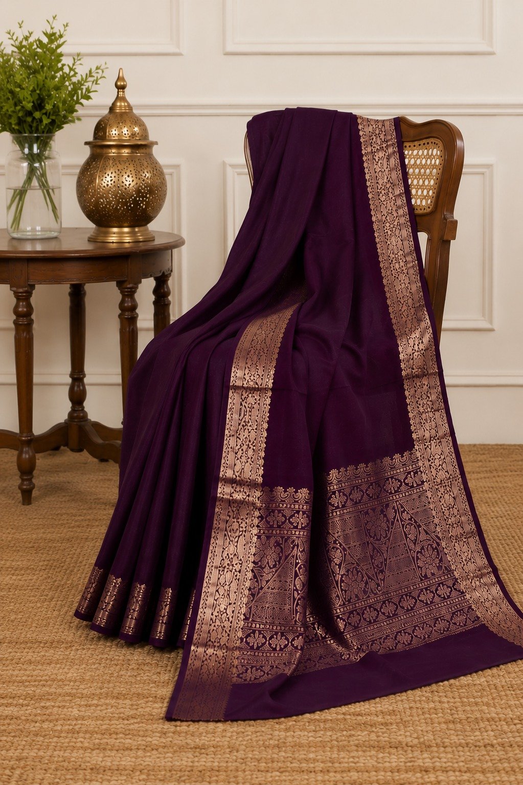 Banarasi Cotton Silk Saree with Golden Zari Work | Elegant Traditional Saree for Women (Mulberry) - Image 3