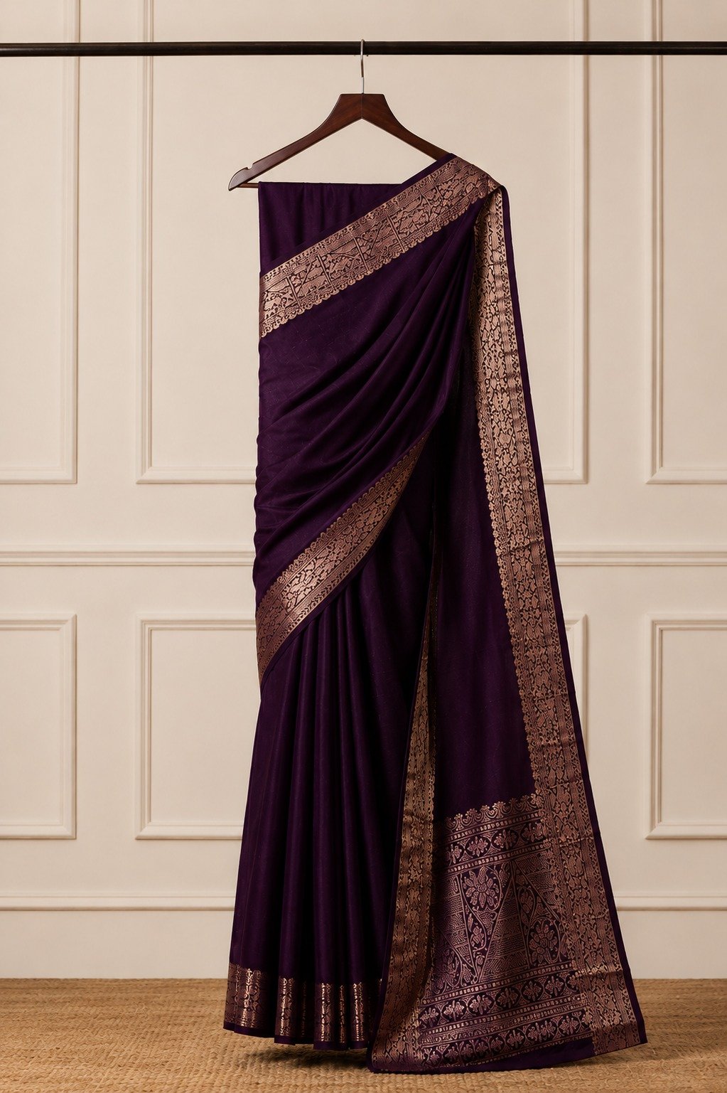 Banarasi Cotton Silk Saree with Golden Zari Work | Elegant Traditional Saree for Women (Mulberry) - Image 4