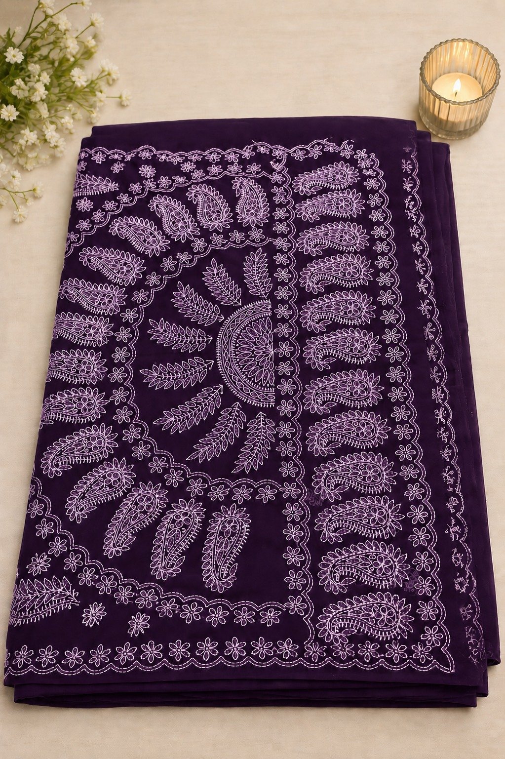 Lucknow Chikankari Georgette Saree for Women | Traditional Hand Embroidered Saree with Blouse Piece (Purple) - Image 3