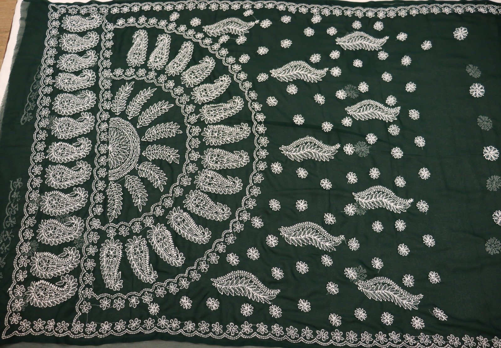 Lucknow Chikankari Georgette Saree for Women | Traditional Hand Embroidered Saree with Blouse Piece (Dark Green) - Image 4
