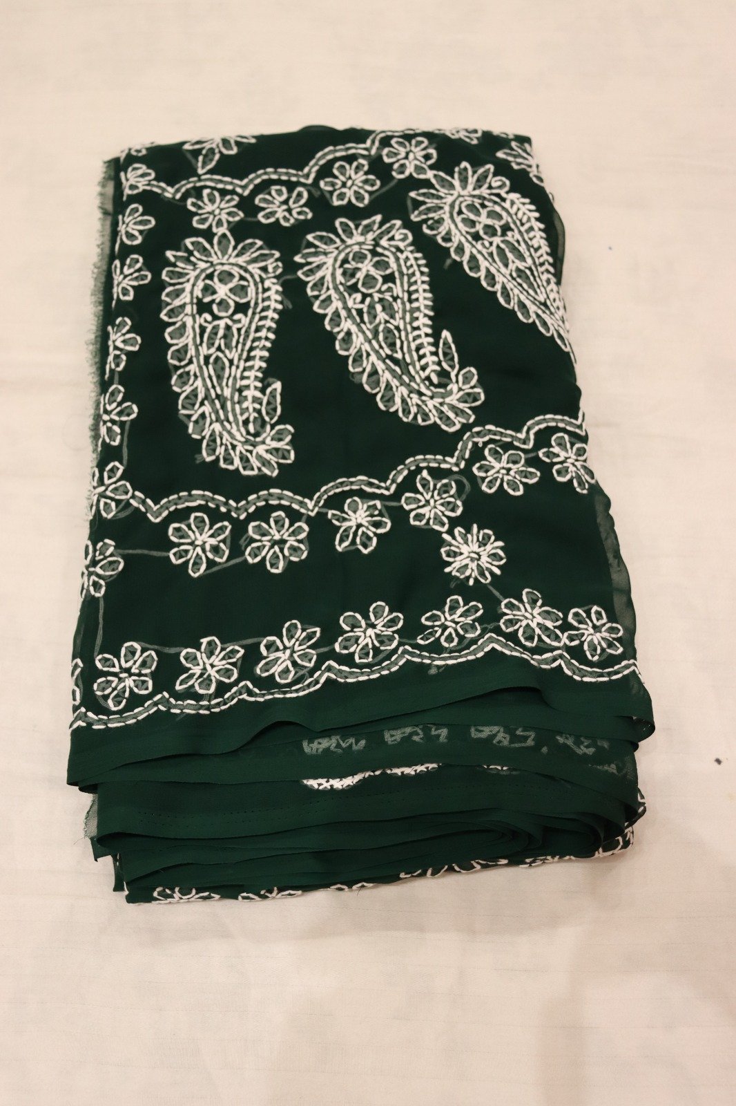 Lucknow Chikankari Georgette Saree for Women | Traditional Hand Embroidered Saree with Blouse Piece (Dark Green) - Image 3
