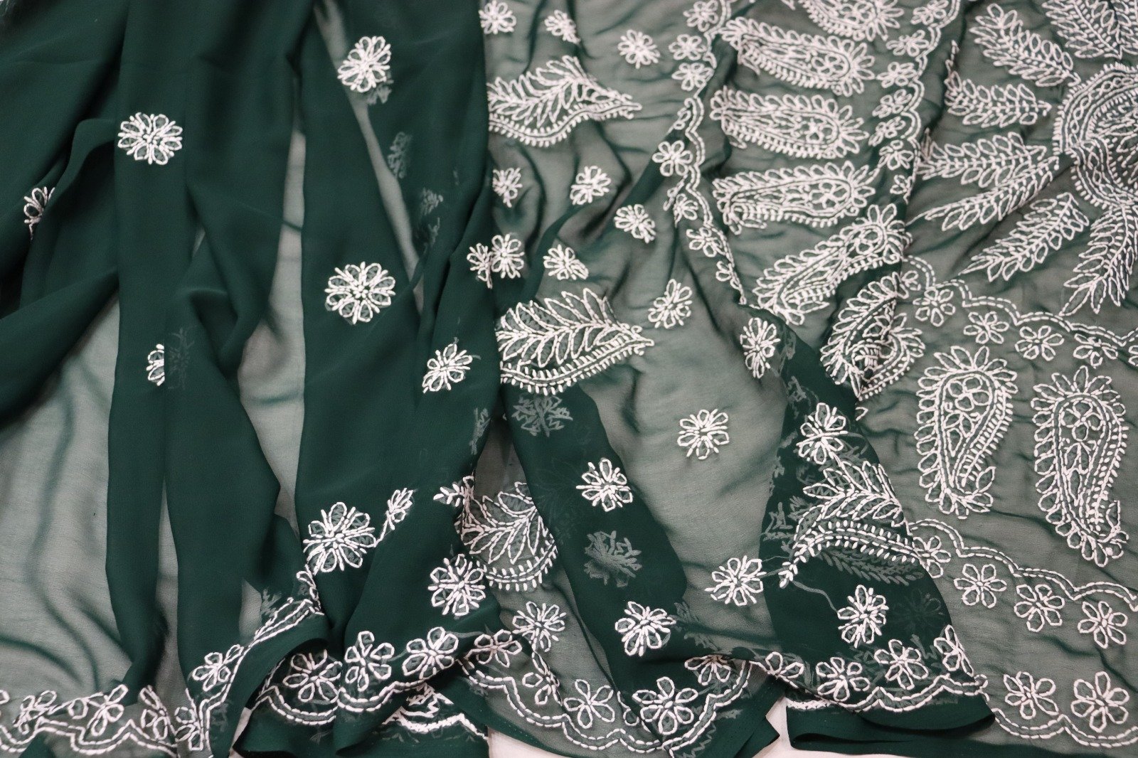 Lucknow Chikankari Georgette Saree for Women | Traditional Hand Embroidered Saree with Blouse Piece (Dark Green) - Image 5
